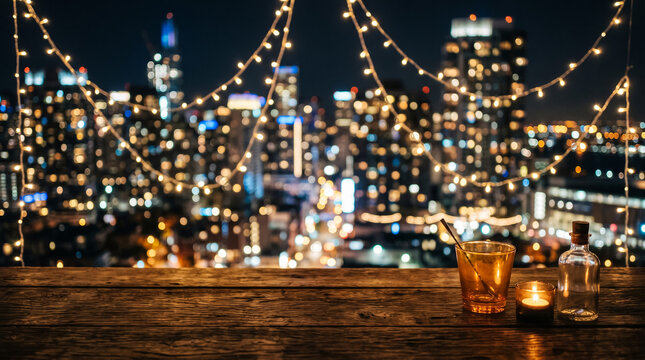 Night cityscape with festive lights and waterfront skyline at dusk