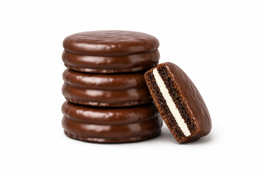 Stack of chocolate sandwich cookies on white background