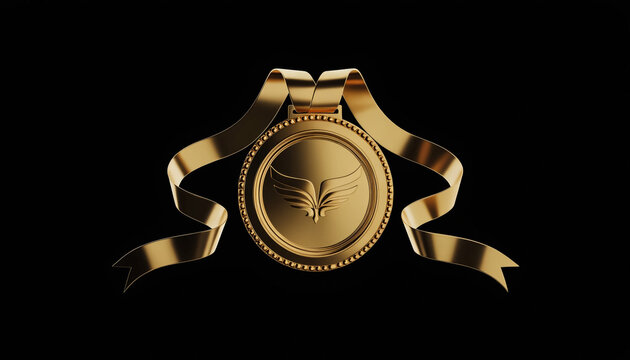 Golden Medal with Ribbon on Black Background