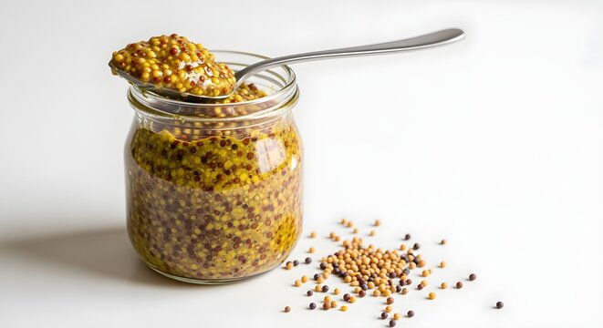 A small jar of whole-grain mustard, with a spoonful out and a few mustard seeds scattered on the white surface beside it.