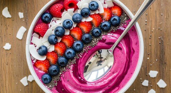A clearer, modern reinterpretation of an overhead shot of a vibrant smoothie bowl being garnished with fresh berries, coconut flakes, and chia seeds. The spoon is placed perfectly inside