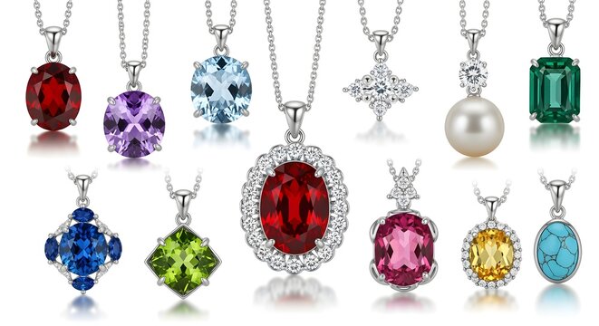 A clearer, modern reinterpretation of birthstone pendant elegant gemstone pendant collection in various colors, isolated on pure white background, jewelry catalog style, styled for visual appeal.