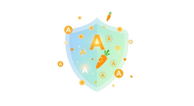 Clean health graphic of immune shield enhanced with Vitamin A symbols, isolated on pure white background, no shadows