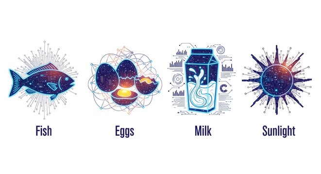 Cyber infographic of fish, eggs, milk, sunlight in neon glow, isolated on white background, no shadows