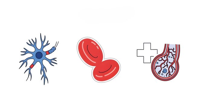 A clearer, modern reinterpretation of cobalamin (B12) nerve and blood health icons in clinical style, isolated on pure white, no shadows, styled for visual appeal.