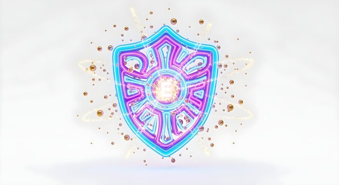 A clearer, modern reinterpretation of neon antioxidant shield illuminated by Vitamin E particles, isolated on white, no shadows, styled for visual appeal.