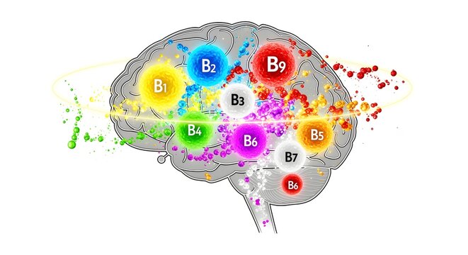 A clearer, modern reinterpretation of modern brain graphic glowing with B-vitamin particles, isolated on pure white background, no shadows, styled for visual appeal.