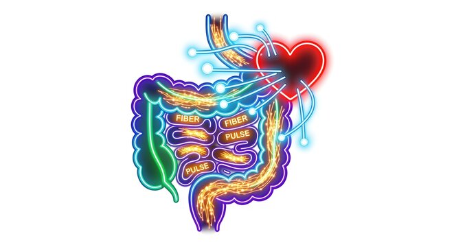 A clearer, modern reinterpretation of neon digestive tract icon with glowing fiber lines and heart symbol connected by cyber light pathways, isolated on pure white background, no shadows