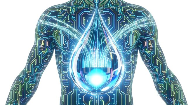Neon glowing water drop surrounded by holographic body-outline circuit lines showing hydration flow, isolated on pure white background, no shadows.
