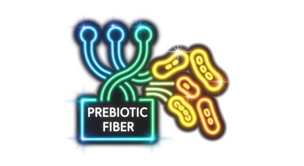 Fototapeta premium A clearer, modern reinterpretation of neon prebiotic fiber icon with glowing pathways feeding bright probiotic bacteria symbols, holographic cyber glow, isolated on white background, no shadows