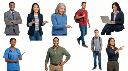 Obraz premium Diverse group of professionals, students, and healthcare workers posing and interacting against clean white background, showcasing various ages, ethnicities, and occupations