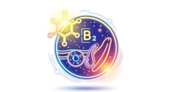 Neon Riboflavin (B2) skin-repair hologram icon, isolated on white background, no shadows