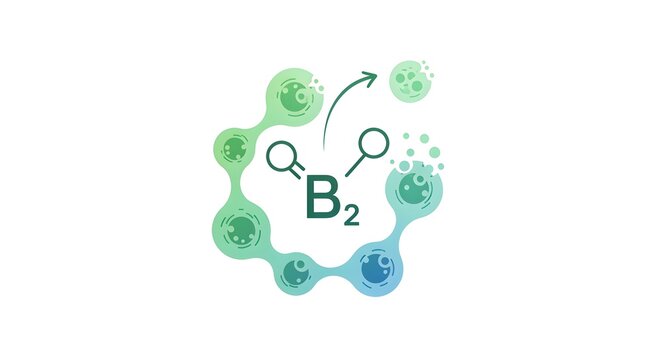 A clearer, modern reinterpretation of riboflavin (B2) skin and cell repair graphic in clean minimal style, isolated on white, no shadows, styled for visual appeal.