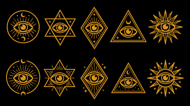 Golden vector illustration set of mystical eye symbols arranged in geometric shapes on black background