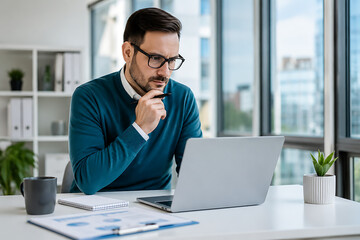 Focused Businessman Working on Laptop in Modern Office with Window View
