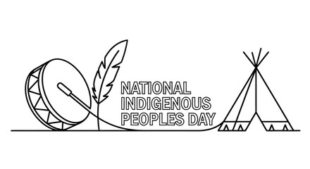 indigenous peoples day line art with drum and teepee high quality © Saidul_Studio1984