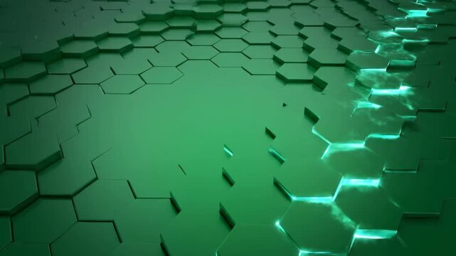 Dynamic green hexagon pattern with shimmering light animation creating a futuristic digital surface loop.