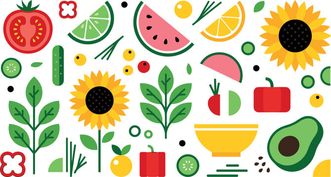 Colorful Flat Style Fresh Fruits Vegetables and Sunflower Elements Collection Set with Bowl on Isolated Background