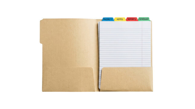 Open brown paper folder with lined paper and colorful index tabs isolated on transparent background