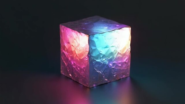 Vibrant illuminated crystal cube with multicolored neon lighting on dark background. Perfect for modern design, technology projects, posters, or digital art concepts in a futuristic style.