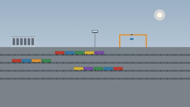 A video showcasing colorful train cars on a track under a full moon