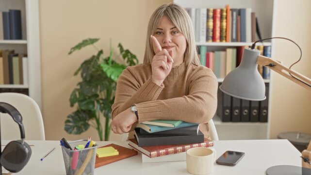 Woman seated at desk with stacked books, finger raised in a pointing gesture and elbow resting on books in studio; concentration.