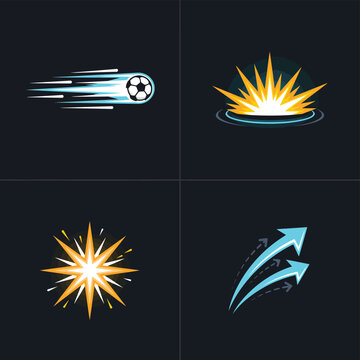 2x2 grid featuring a jet, nuclear symbol, sunburst, and arrow, style jet fighter plane silhouette nuclear radiation symbol
