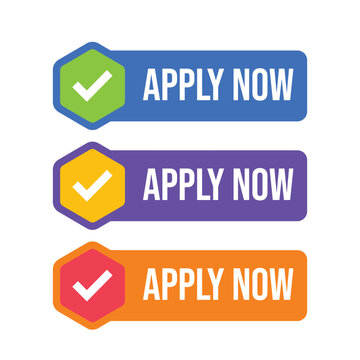 Vibrant Hexagonal Apply Now Buttons with Checkmark Icons in Green, Yellow, Red - Colorful Design