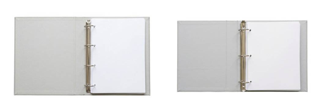 Open grey binders with blank white paper sheets isolated on transparent background