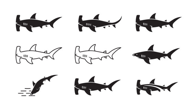 Set of hammerhead shark silhouettes and icons vector