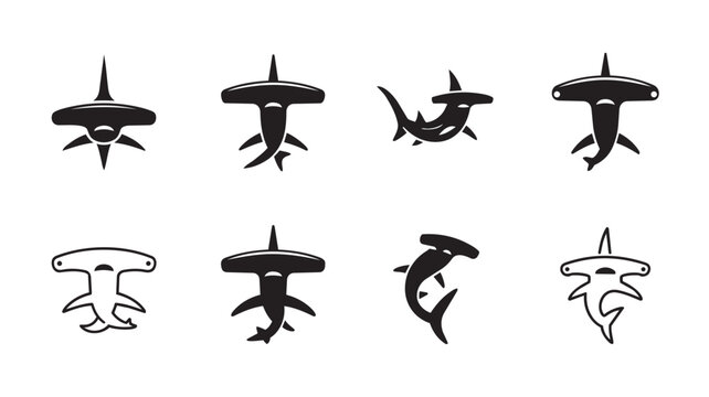 Set of hammerhead shark icons in various poses vector