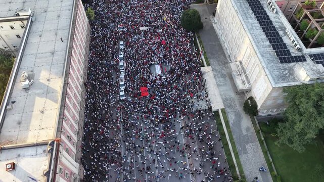 High Angle Drone Shot of Tirana Demonstration, about Zvernec case and saving Flamingos, also asking prime minister resignation, day 10 of protest