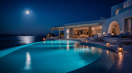 Fototapeta premium Luxury villa with infinity pool overlooking the sea under a full moon night sky