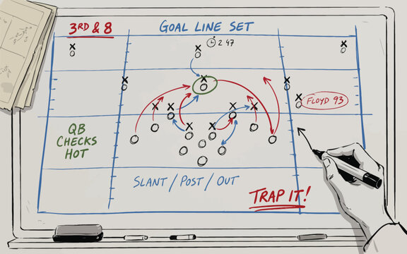 Football play diagram, 3rd 8, qb slant pass, defensive trap, red x marks, blue lines, chalkboard style