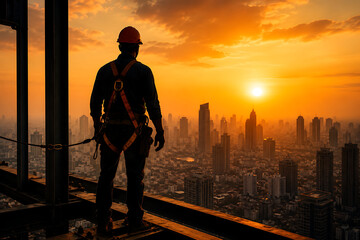 Fototapeta premium Construction Worker Silhouette Standing on Building Frame Overlooking Cityscape at Sunset