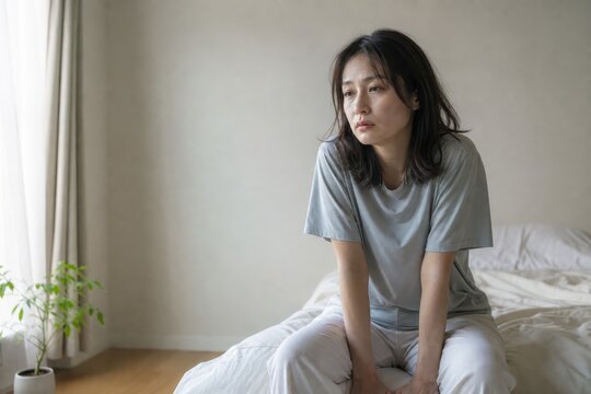 残暑の朝に寝室でだるさを感じる女性