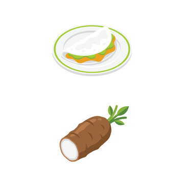 Pixel Art Tapioca Starch Flatbread And Fresh Cassava Root On Isolated White Background