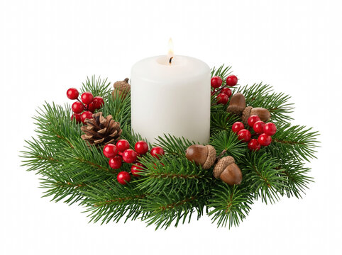 Lit white candle in a festive christmas wreath of pine branches red berries and acorns
