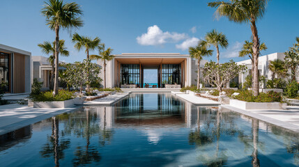 Fototapeta premium Luxury tropical resort with a modern infinity pool and palm trees under a blue sky