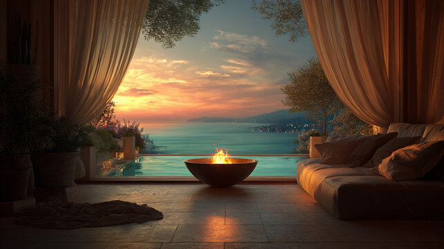 Luxury villa terrace with infinity pool, fire pit and sunset ocean view