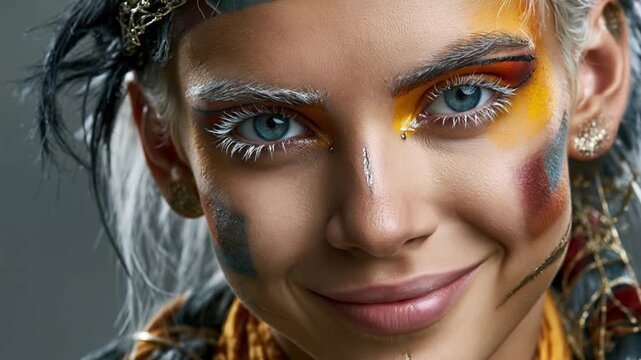 Young caucasian woman with blue eyes and bold orange white face paint staring at camera in studio closeup with detailed creative makeup and dramatic expression Concept of individuality strength