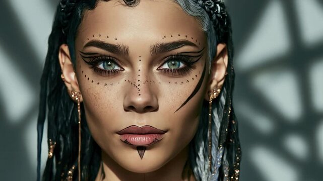 Young mixed race woman with decorative facial markings and wet dark hair looking down in dramatic studio lighting with detailed beauty styling and soft shadows Concept of elegance mystery