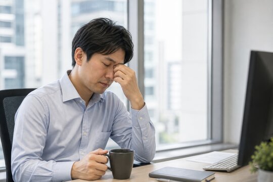 職場の窓辺で頭を押さえる男性会社員
