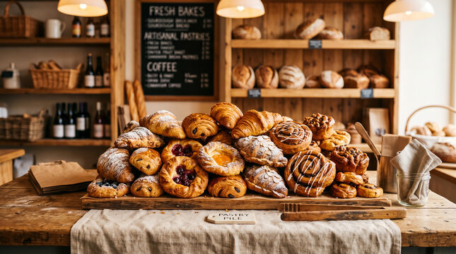 Freshly baked assorted donuts display in rustic bakery with warm lighting