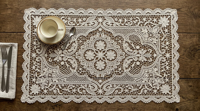 Intricate lace table runner with teacup and spoon on dark wooden table in monochrome vintage style
