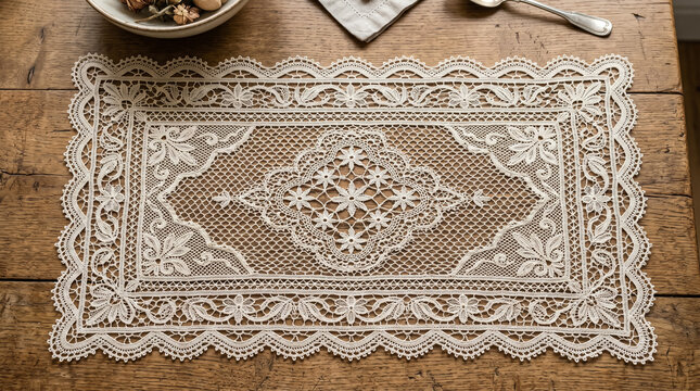 Intricate lace doily on wooden table with coffee and glasses in rustic setting