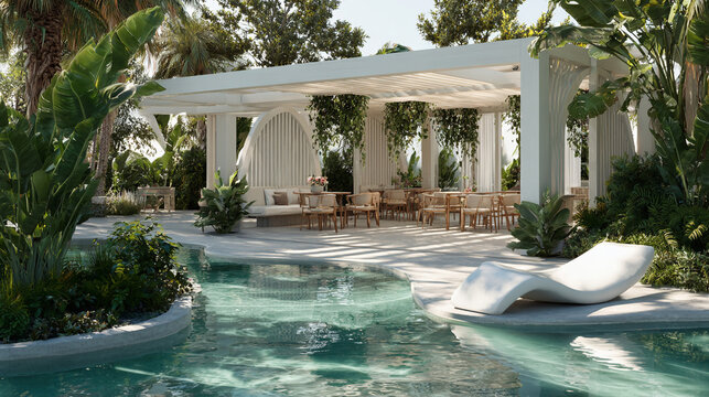 Luxurious outdoor lounge area with swimming pool and modern pergola