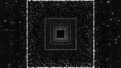 A futuristic monochrome tunnel of glowing dots and geometric frames stretching to infinity. Bright lights create the effect of a digital corridor, symbolizing the flow of data, virtual reality, and hi © Anna