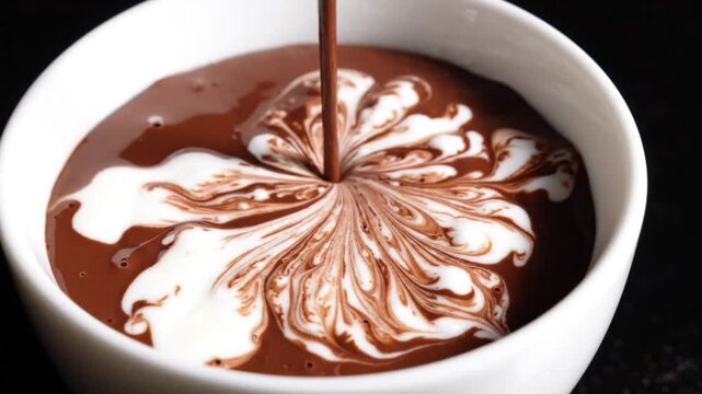 A video shows chocolate syrup being poured into a white bowl with a swirl of cream