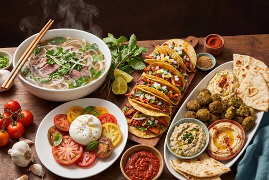 A delicious spread of diverse international cuisine featuring pho, tacos, falafel, hummus, and fresh tomato salad.